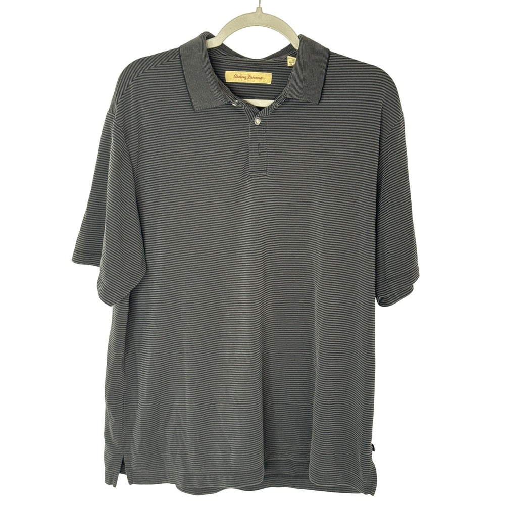 Tommy Bahama Mens Large Polo Shirt Grey Black Micro Stripe Textured Ribbed Knit